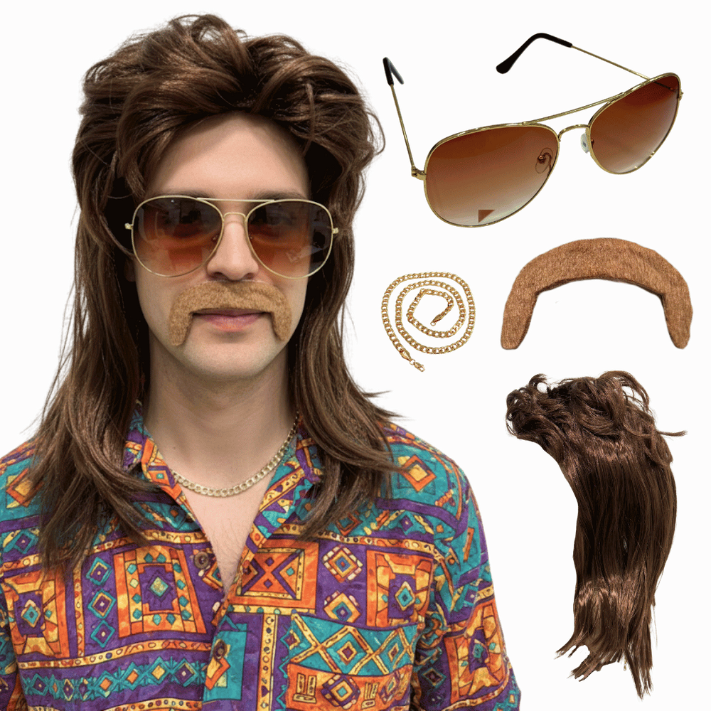 Peruca Retrô Anos 80 Rock Ruivo Com Bigode Óculos Cordão