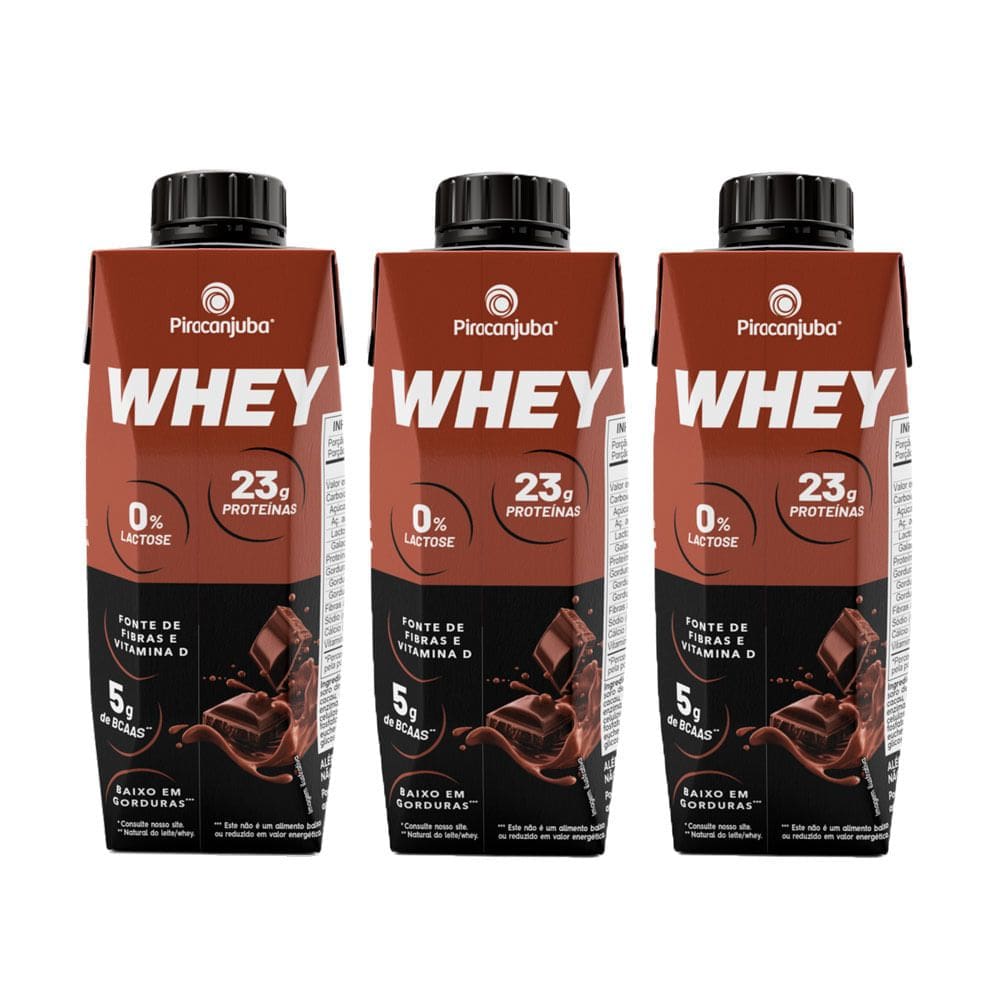 Kit 3 Bebida Láctea Piracanjuba Whey Zero Lactose com 23g de Proteína Sabor Cacau 250ml