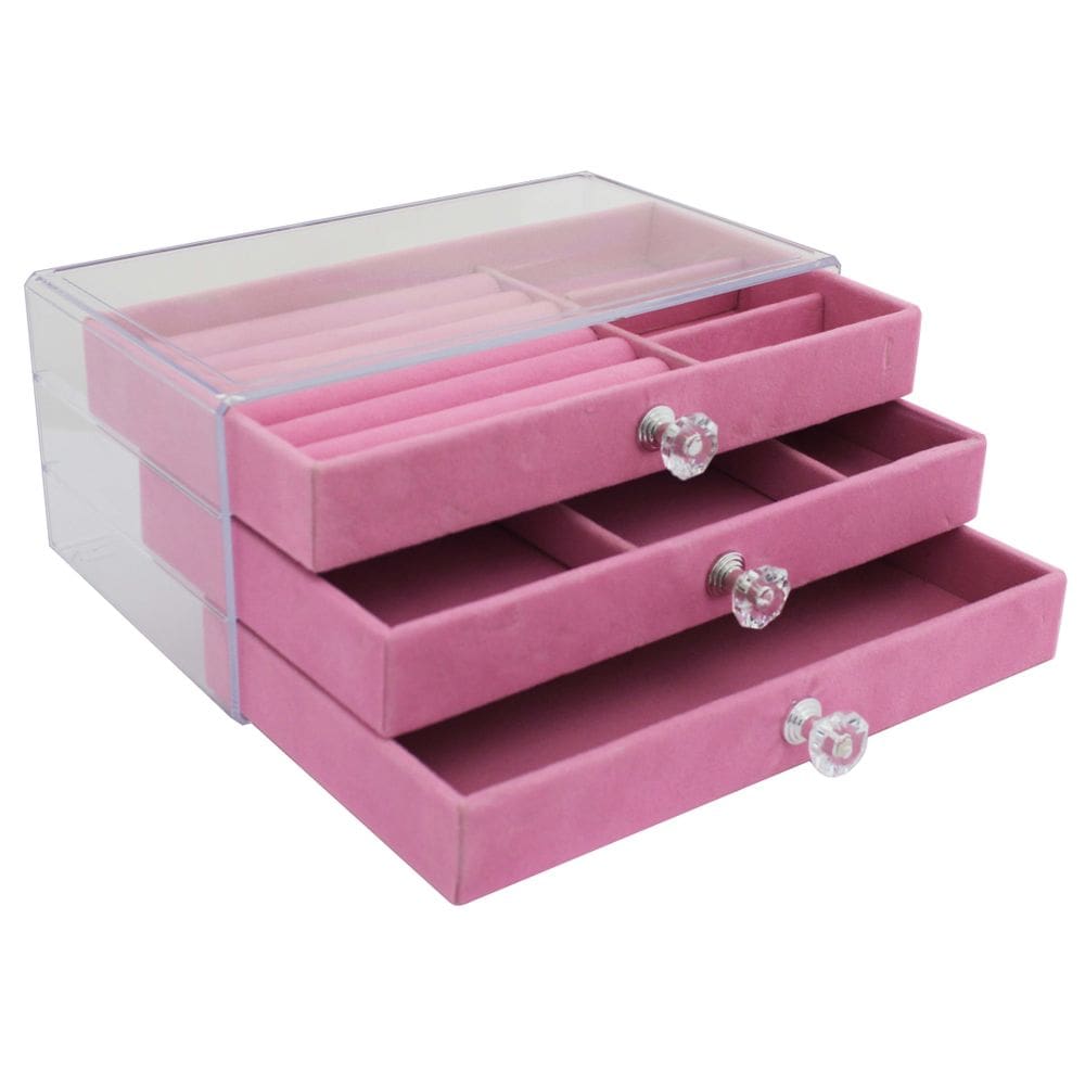 Porta Jóias Portátil 3 gavetas com Divisórias Organizador Feminino Multiuso Rosa