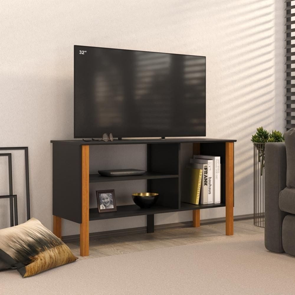 Rack Tv 43 Polegadas 90cm Com 3 Prateleiras Asteca - Preto E Cedro