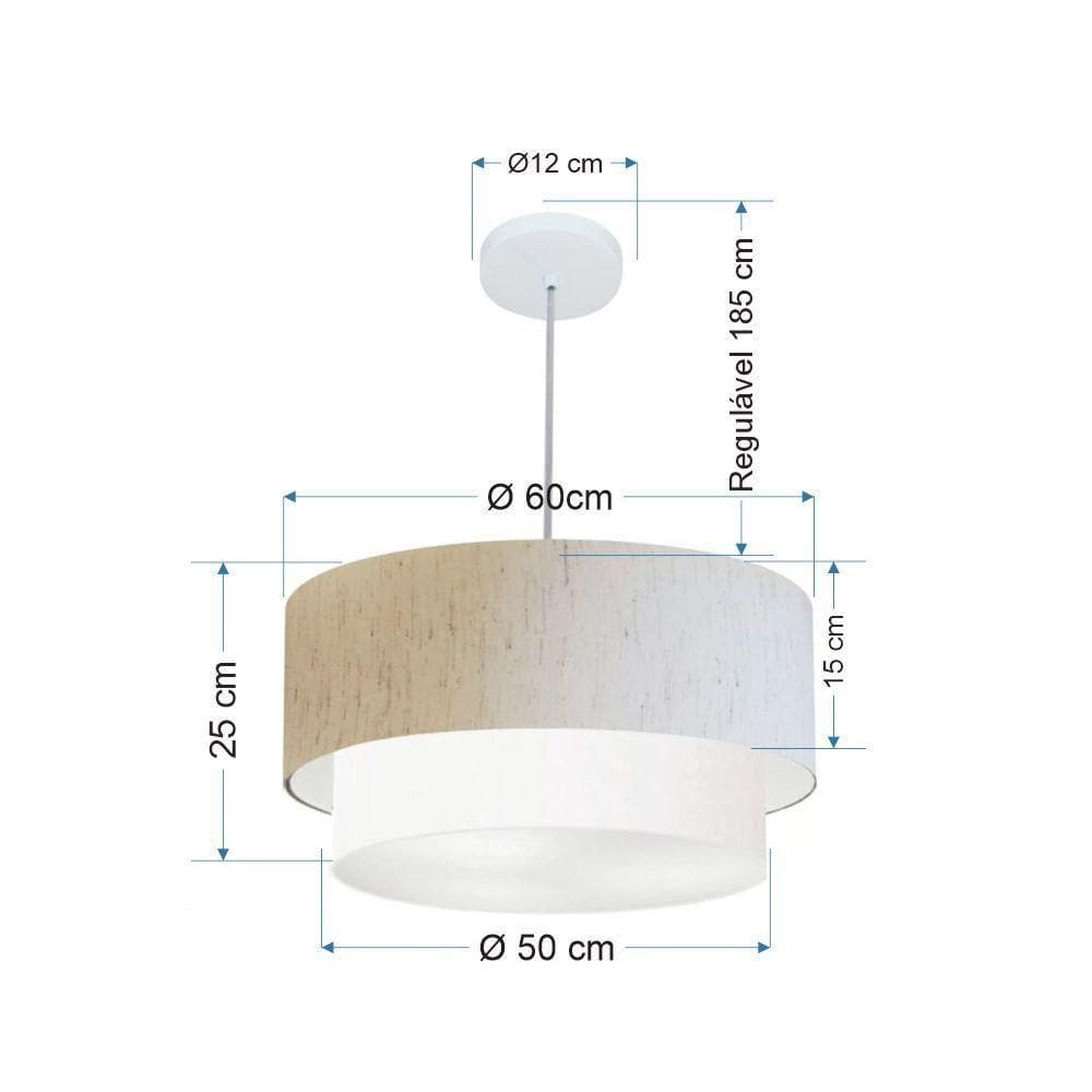 Lustre Pendente Duplo Cilíndrico Vivare Md-4357 Cúpula Tecido 60x50cm - Bivolt Linho-bege-branco 127/220v