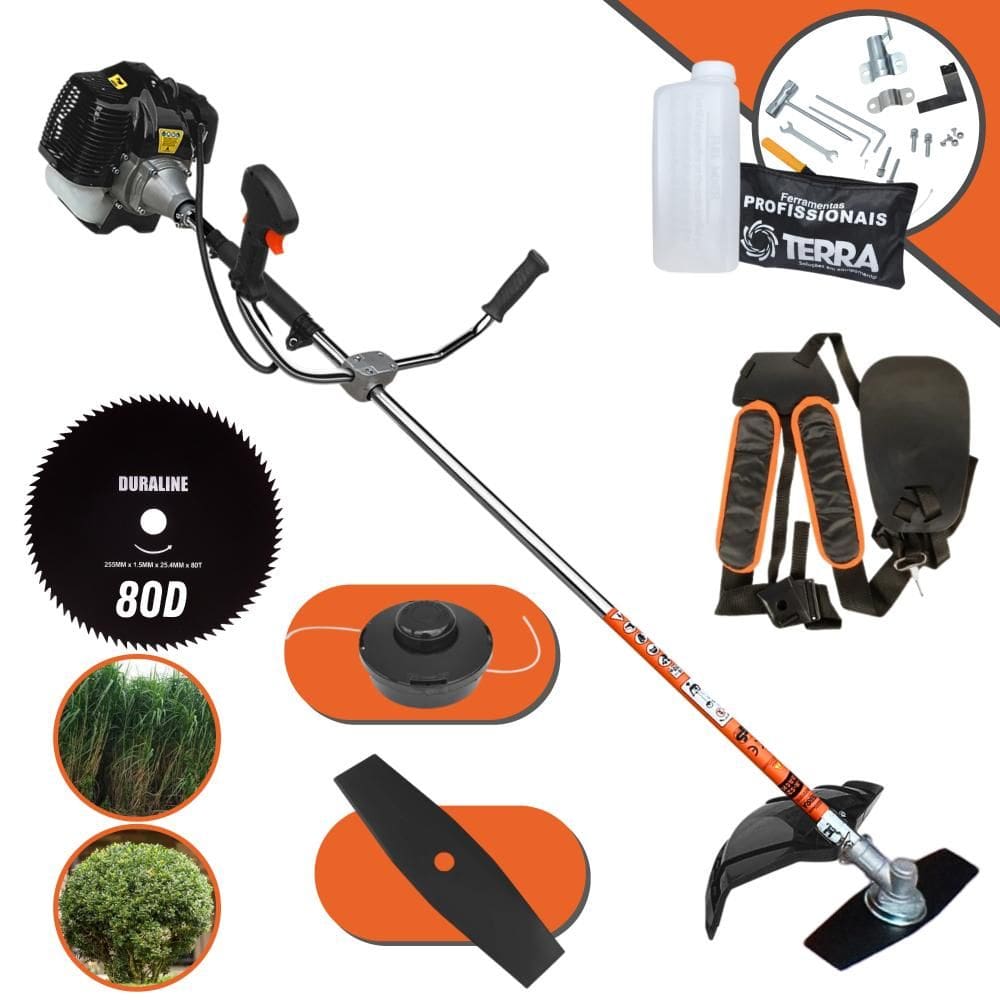 Roçadeira Terra GRH520 À Gasolina 52cc 2,5HP 6.500rpm Máquina de Corta Grama Completa Com Carretel de Nylon + Lâmina 2 Pontas + Lâmina 80 Dentes