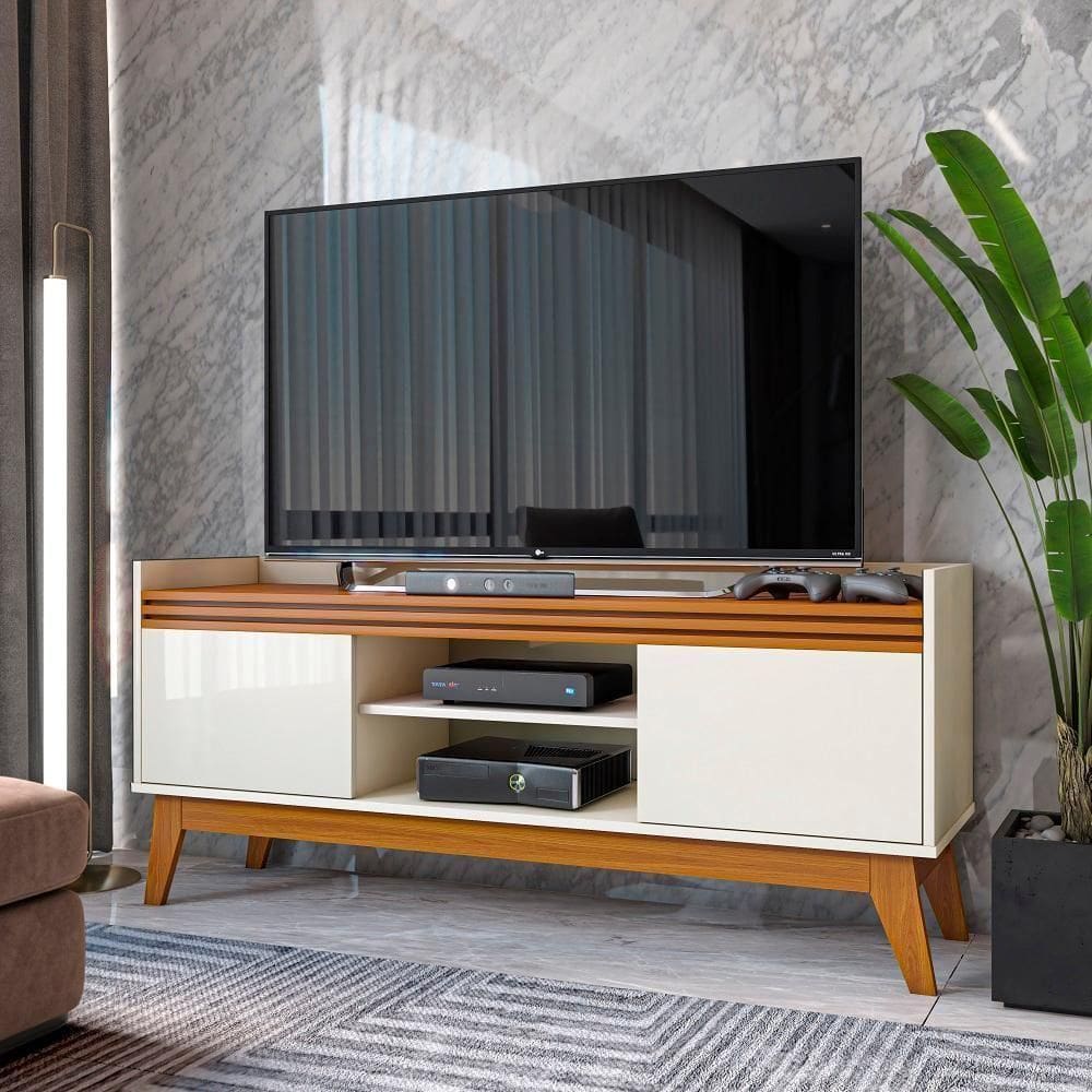 Rack Tv Ripado 50 Polegadas Com 2 Portas Monaco - Off White E Cedro