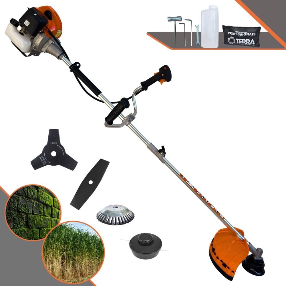 Roçadeira Terra GRHB430 Bi-Partida À Gasolina 2T 43cc 1,7HP Multifuncional Com Carretel de Nylon + Faca 2 Pontas + Faca 3 Pontas + Escova 38 Cerdas