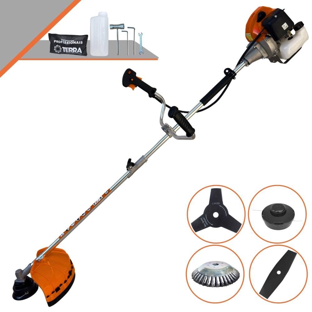 Roçadeira Máquina de Corta Grama À Gasolina Terra GRHB430 Bi-Partida 43cc 1,7HP Com Lâmina 2 Pontas + Lâmina 3 Pontas + Disco Escova de Aço + Carretel