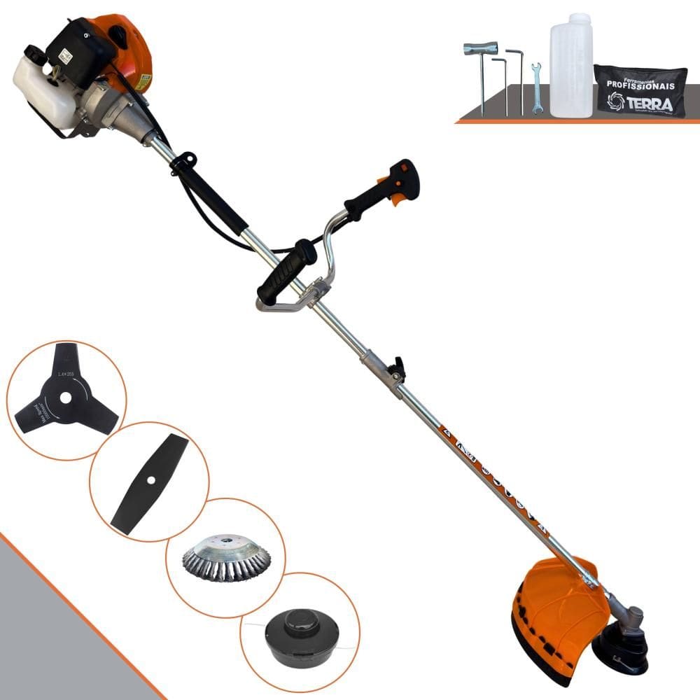 Roçadeira Aparador de Grama Terra GRHB430 Bipartida À Gasolina 43cc 1,7HP 4 Em 1 C/ Carretel Nylon + Lâmina 2 Pontas + Lâmina 3 Pontas + Escova de Aço
