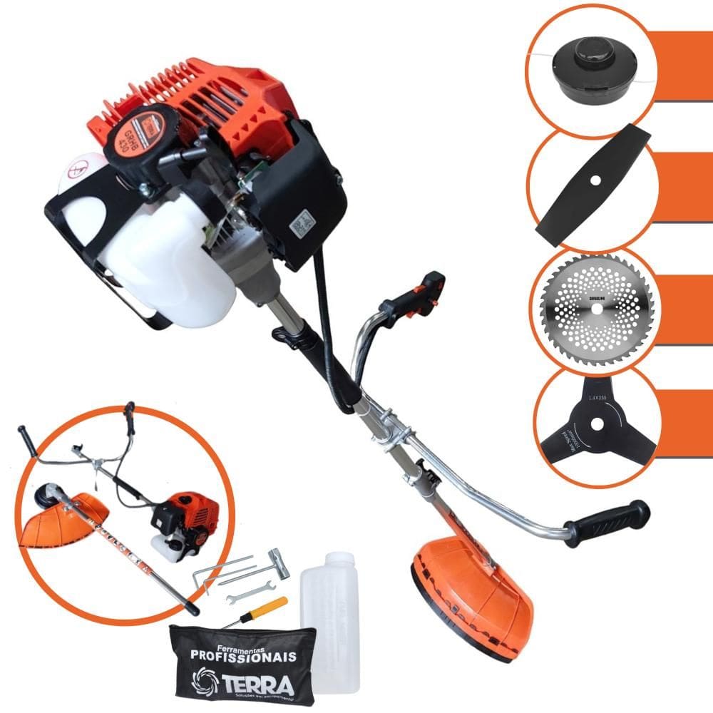 Roçadeira Lateral Multifuncional Terra GRHB430 Bipartida À Gasolina 2 Tempos 1,7HP 43cc 12.000rpm Kit Extra de Faca 3 Pontas e Faca 40 Dentes de Vídea