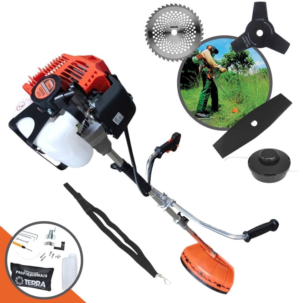 Roçadeira Terra GRHB430 Bipartida À Gasolina 43cc 1,7HP 12000rpm Multifuncional Com Carretel + Faca 2 Pontas + Faca 3 Pontas + Faca 40 Dentes de Vídea