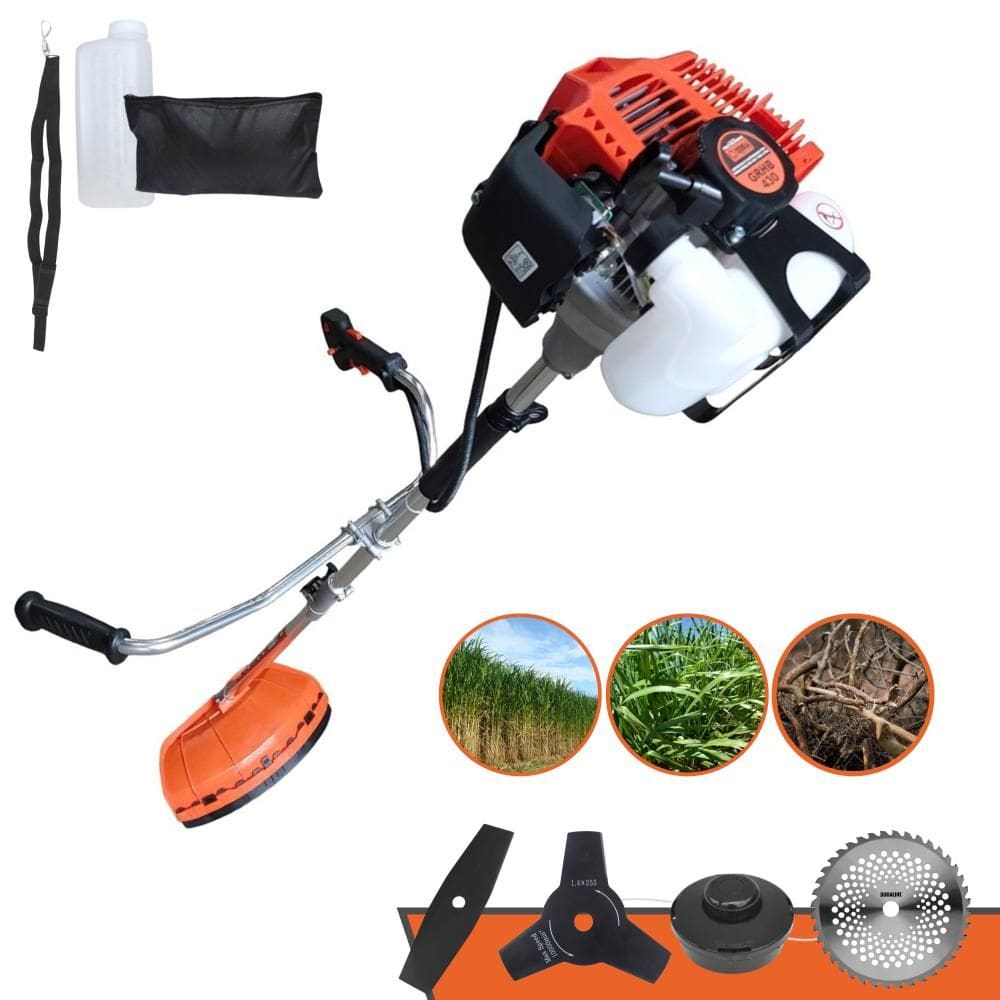 Roçadeira Multifuncional À Gasolina Terra GRHB-430 Bipartida 43cc 1,7HP 12.000rpm + Lâmina Facão + Lâmina 3 Pontas + Lâmina 40 Dentes + Carretel Nylon