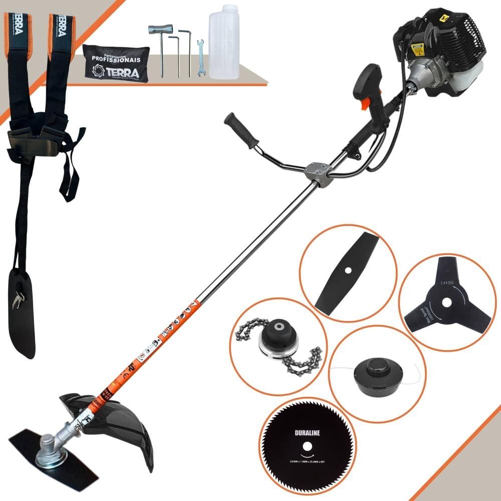 Roçadeira Robusta À Gasolina Terra GRH520 2T 52cc 2,5HP + Lâmina 2 Pontas + Lâmina 3 Pontas + Lâmina 80 Dentes + Carretel Nylon + Trimmer