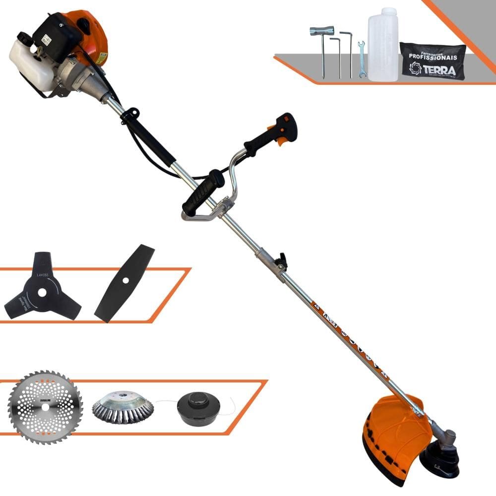 Roçadeira Profissional Terra GRHB430 Bipartido À Gasolina 2 Tempos 43cc 1,7HP 12.000rpm + EXTRA Faca 3 Pontas, Faca 40 Dentes de Vídea e Escova de Aço