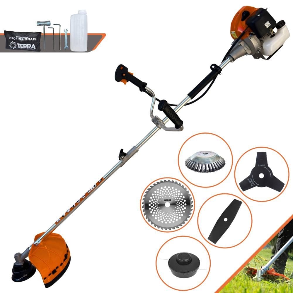 Roçadeira À Gasolina Terra GRHB430 Bi-Partido 43cc 2T 1,7HP Com 5 Opções de Corte Com Carretel Nylon + 3 Facas + Escova de Aço Para Pavers e Concreto