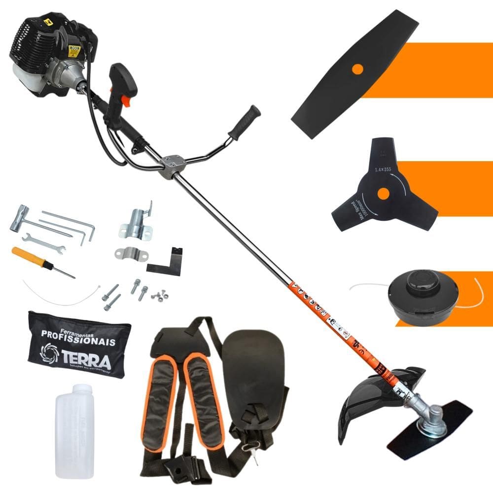 Roçadeira Multifuncional À Gasolina Terra GRH-520 52cc 2,5HP Motor 2 Tempos Alta Rotação Com Carretel de Nylon + Faca 2 Pontas + Faca 3 Pontas 255MM