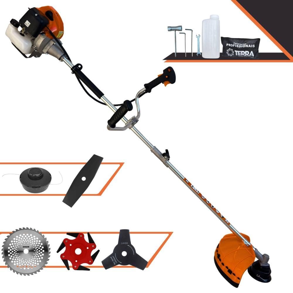 Roçadeira Completa À Gasolina Terra GRHB-430 Bipartido 1,7HP 43cc 12.000rpm Com Carretel e Facas 2 Pontas + 3 Pontas + 6 Pontas + 40 Dentes de Vídea