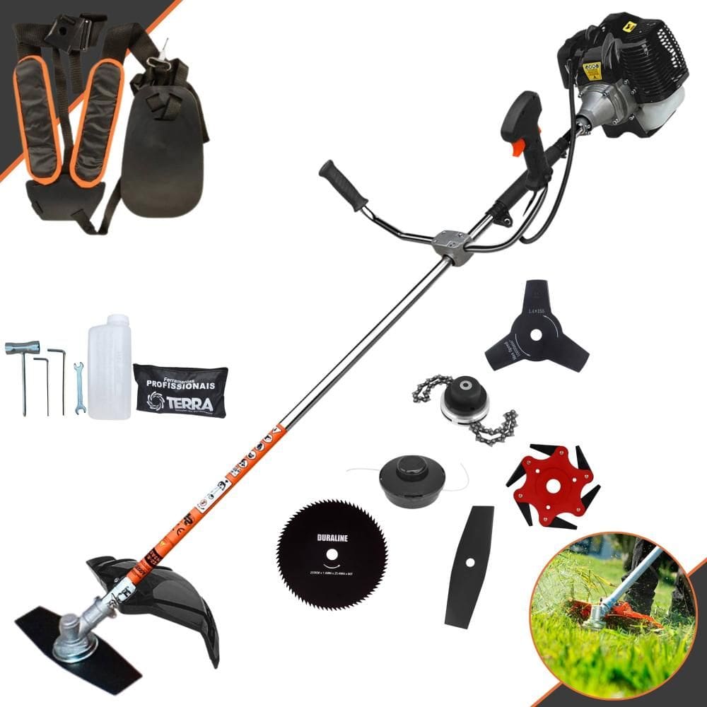 Roçadeira Terra GRH-520 À Gasolina 2T 52cc 2,5HP 6.500rpm Com Carretel Nylon + Facas 2 Pontas + 3 Pontas + 6 Pontas + 80 Dentes + Trimmer