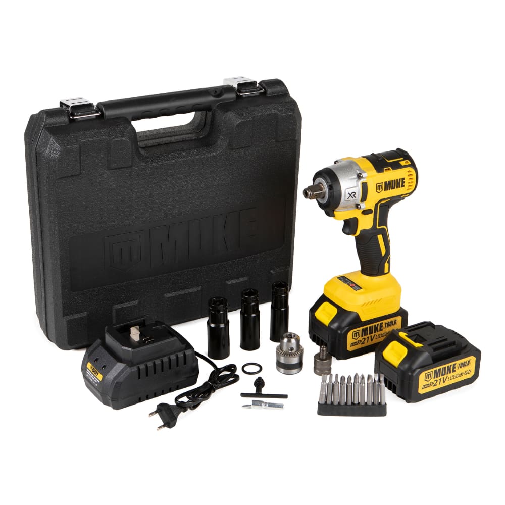 Chave De Impacto 21V 380Nm Brushless com 2 Baterias 3000mAh, Kit 15 acessórios e Maleta Muke Tools