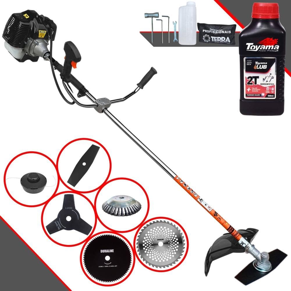Roçadeira À Gasolina Terra GRH-520 52cc Com Faca 2 Pontas e Carretel + Facas 3 Pontas, 40 Dentes de Vídea, 80 Dentes e Escova de Aço + ÓLEO TOYAMA