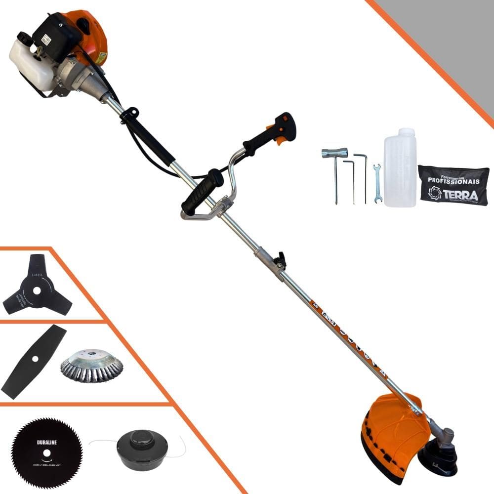 Roçadeira À Gasolina Terra GRHB430 Bi-Partido 43cc 12.000rpm 1,7HP 5 Opções de Corte Com Facas 2 Pontas, 3 Pontas, 80 Dentes, Escova de Aço e Carretel