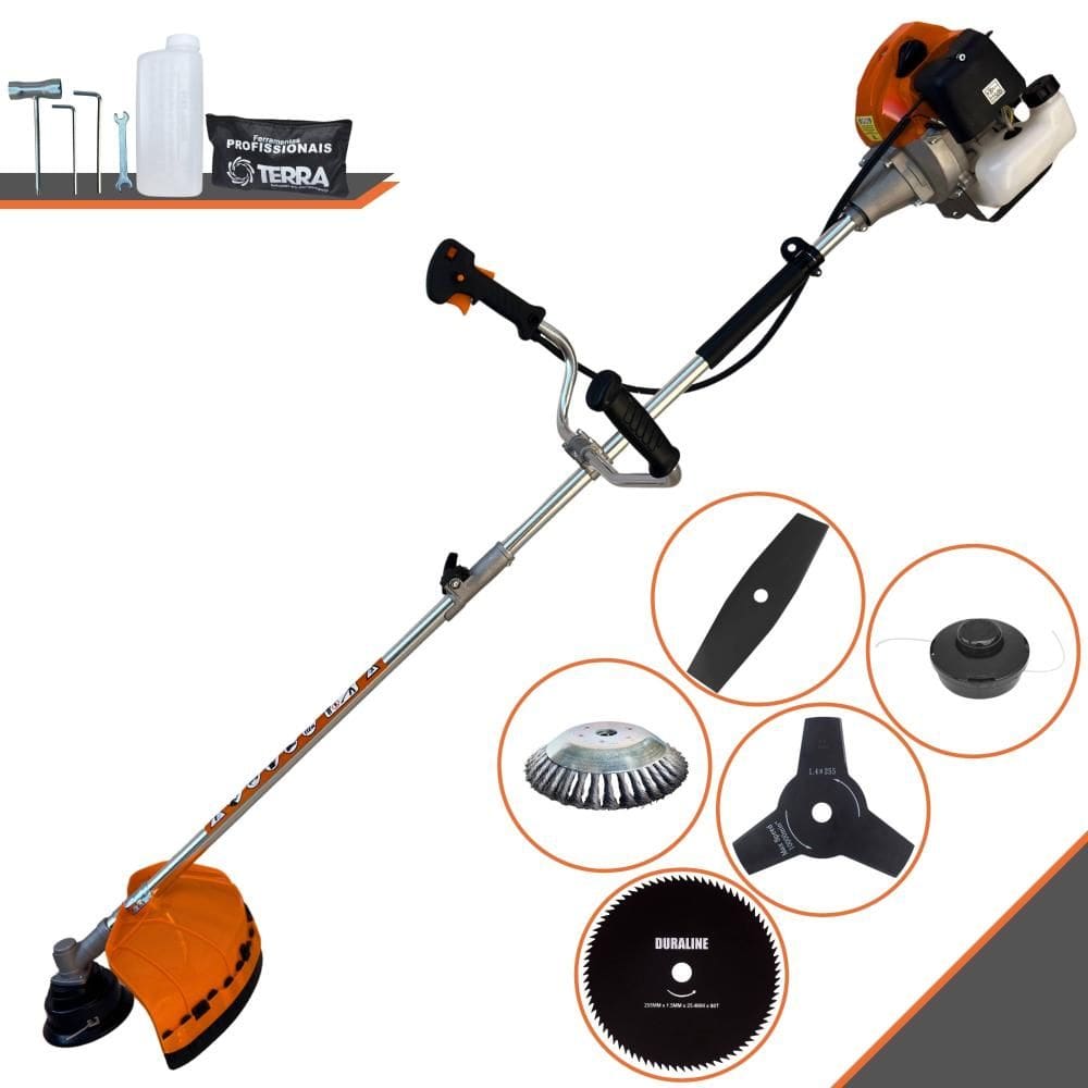 Roçadeira Robusta Terra GRHB430 Bi-Partido À Gasolina 43cc 1,7HP 5 Opções de Corte Com Facas 2 Pontas, 3 Pontas, 80 Dentes, Escova de Aço e Carretel