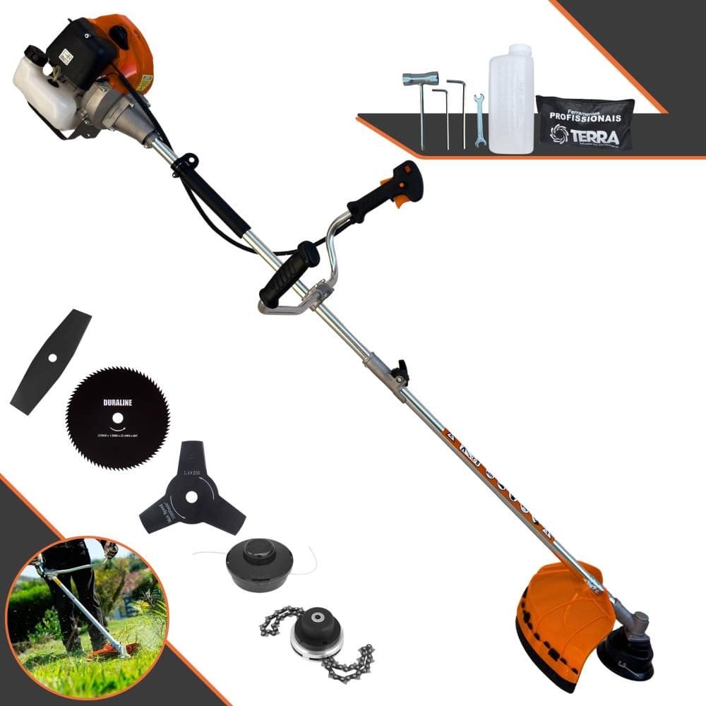 Roçadeira Cortador de Grama Profissional Terra GRHB-430 Bipartida À Gasolina 2 Tempos 1,7HP 43cc 12.000rpm + Faca 3 Pontas, Faca 80 Dentes e Trimmer