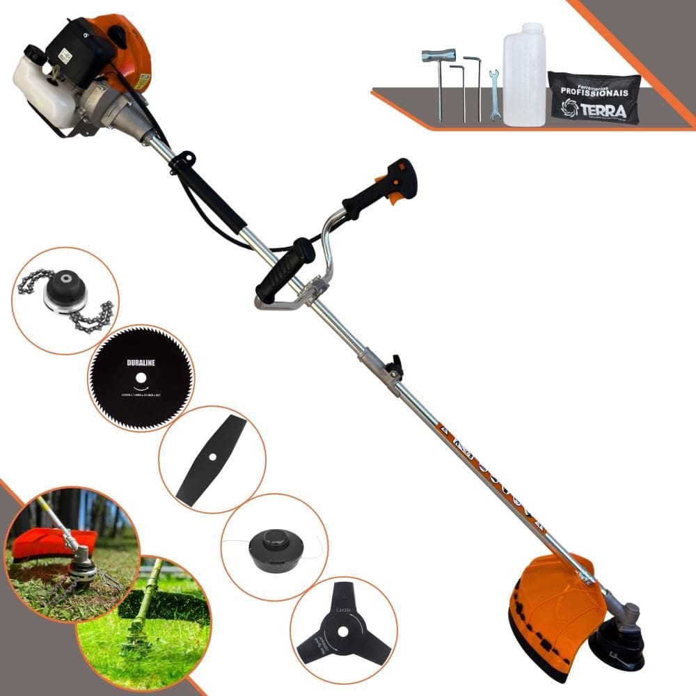 Roçadeira Terra GRHB430 Bi-Partida À Gasolina 43cc 1,7HP Com 5 Opções de Corte Com Carretel + Faca 2 Pontas + Faca 3 Pontas + Faca 80 Dentes + Trimmer