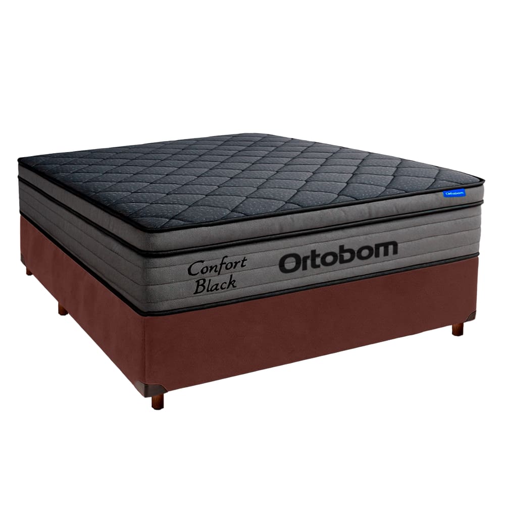 Cama Box Marrom + Colchão Casal Confort Black Espuma Soft Gel Ortobom