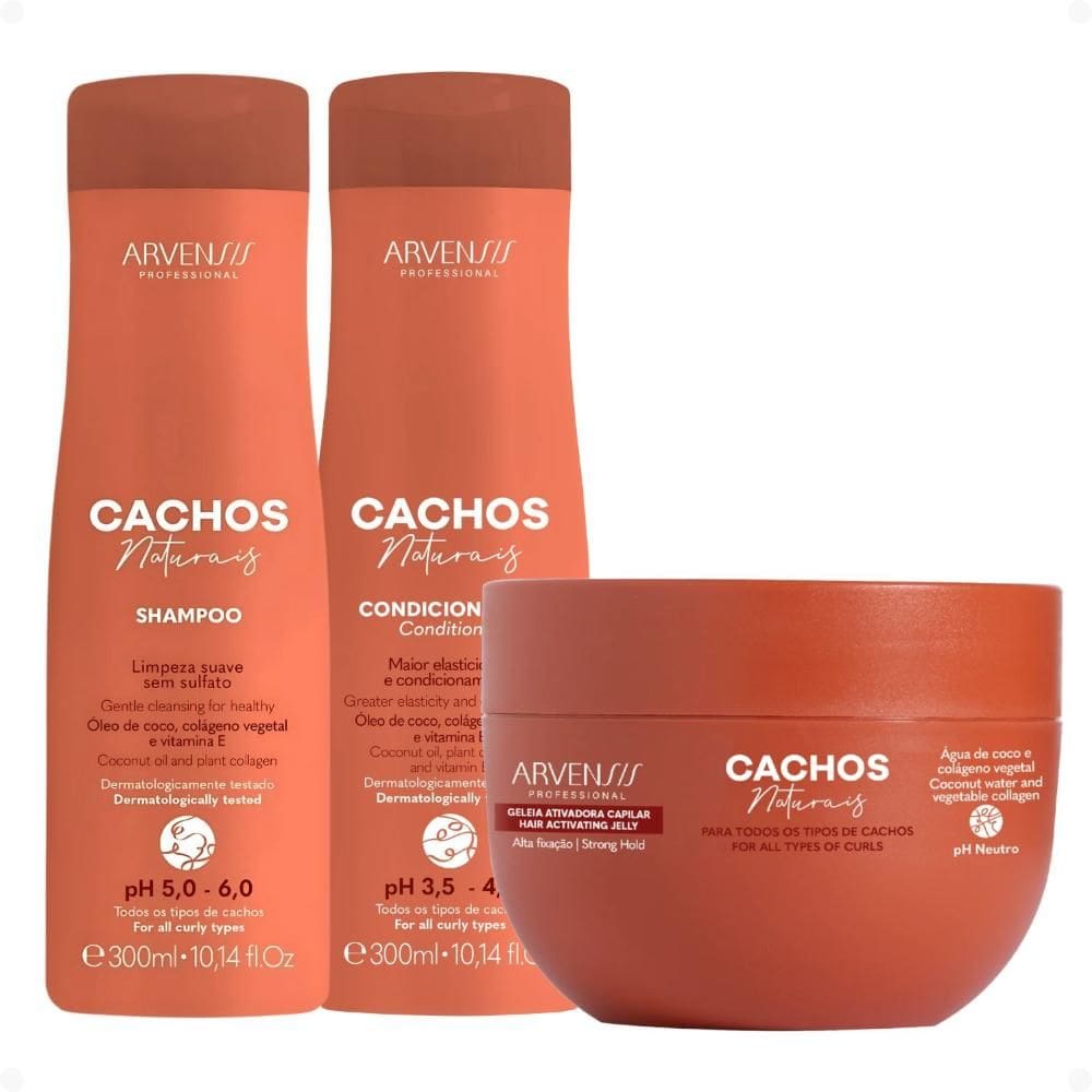 Kit Arvensis Cachos Naturais: Shampoo e Condicionador 300ml + Máscara para Cabelos Crespos