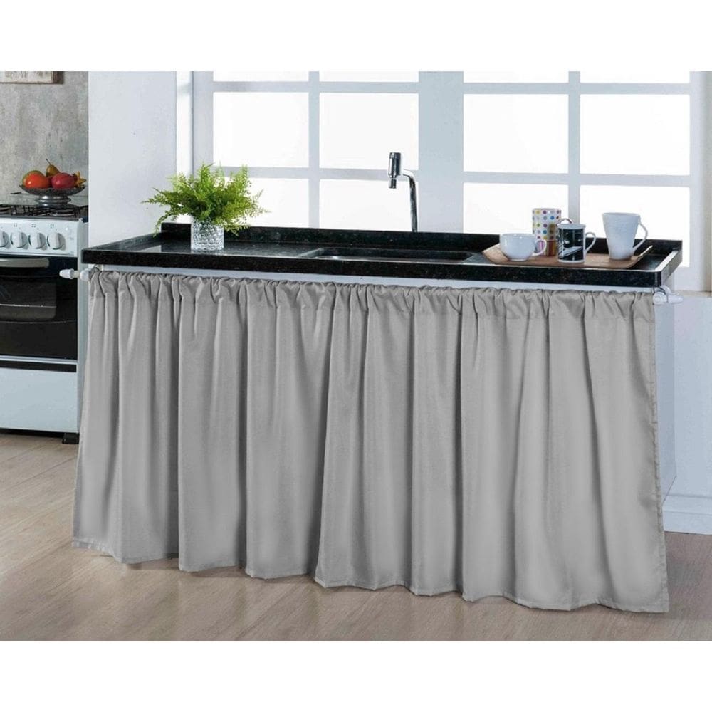 Cortina Pia Cozinha Balcão 80Cm De Altura Tecido Liso Cinza