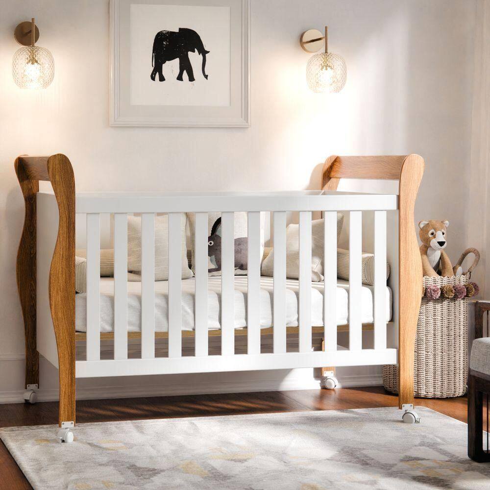 Berço Americano Slim Com Colchão E Rodízios 100% Em Mdf Branco Amadeirado
