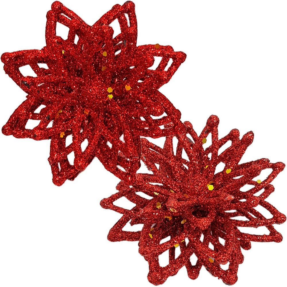 Pendentes Enfeite Natalino Flores Gliter Vermelho Kit 16pçs