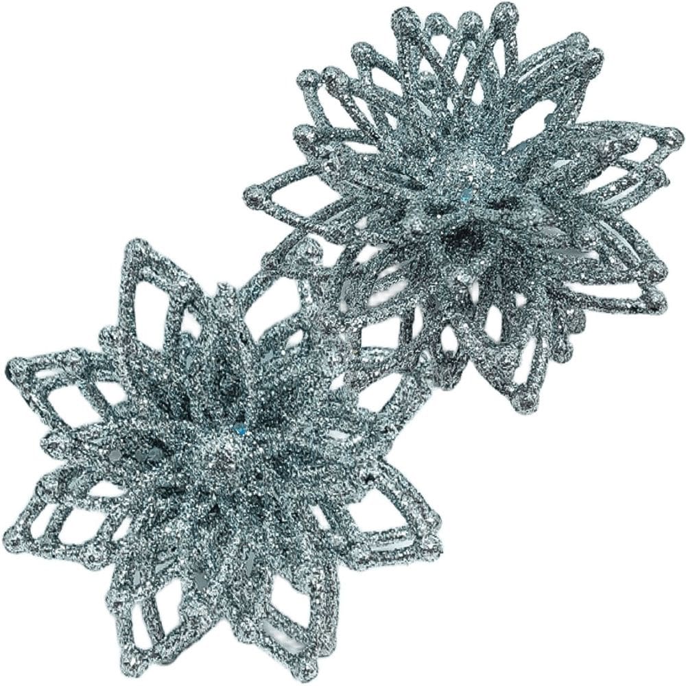 Pendentes Enfeite Natalino Flores Com Gliter Prata Kit 12pçs