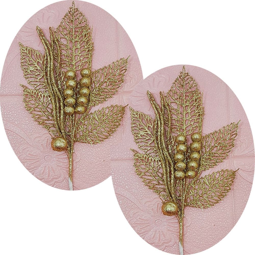 Folhas Flores Enfeite Natal Gliter Dourado De 45cm Kit 8pçs