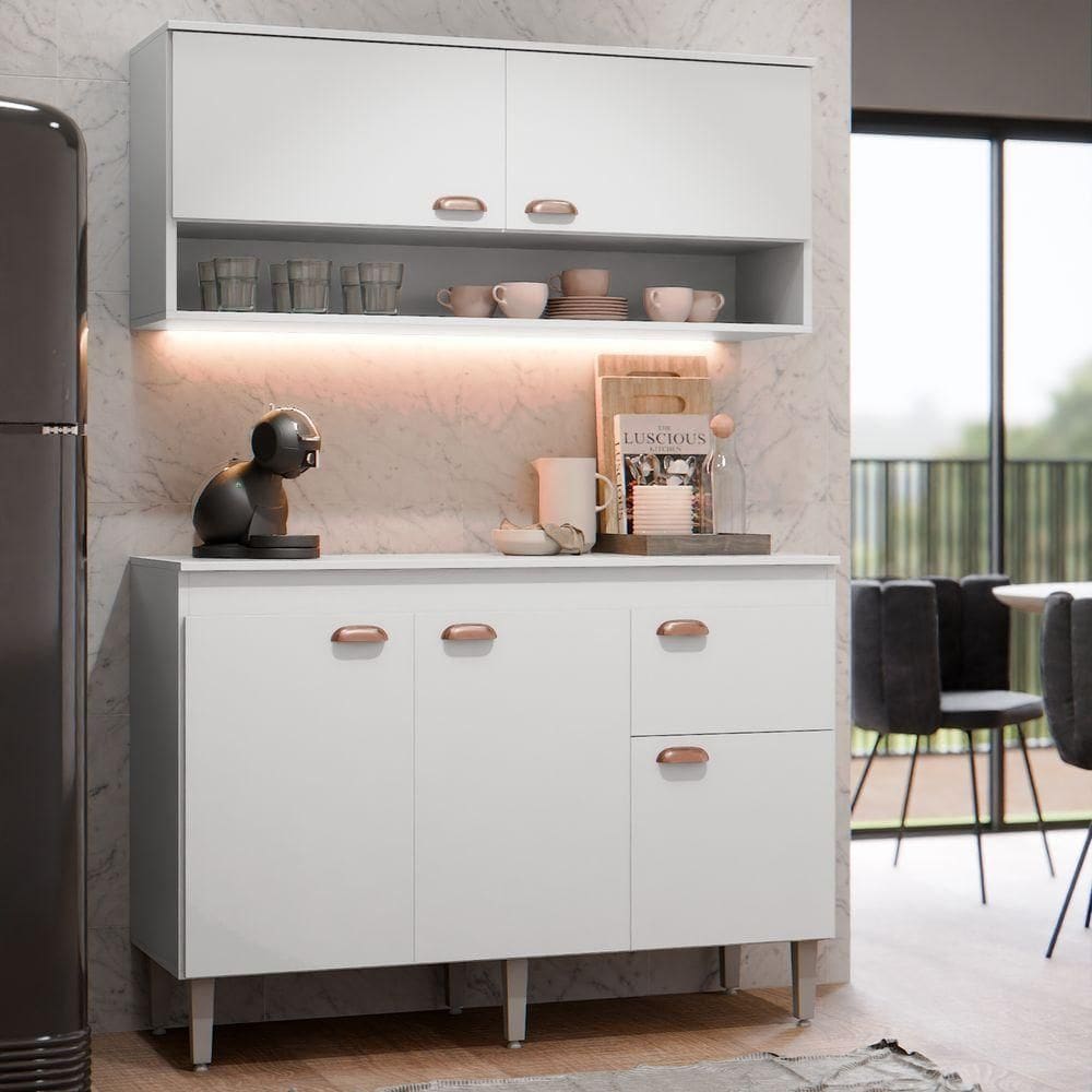 Kit Armário De Cozinha Aéreo E Bancada Completo Com 5 Portas E 1 Gaveta Branco