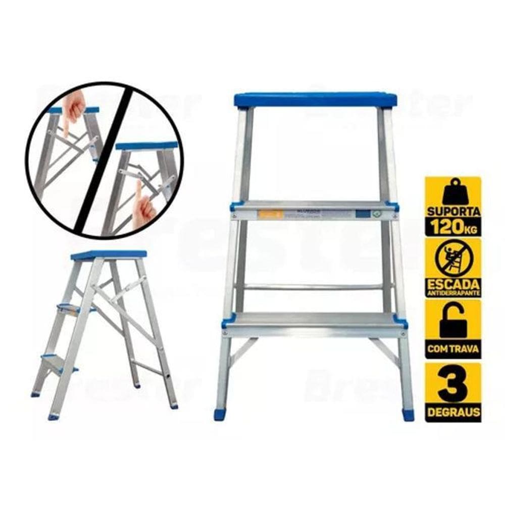 Escada Banqueta 3 Degraus Alumínio Reforçada Alumasa