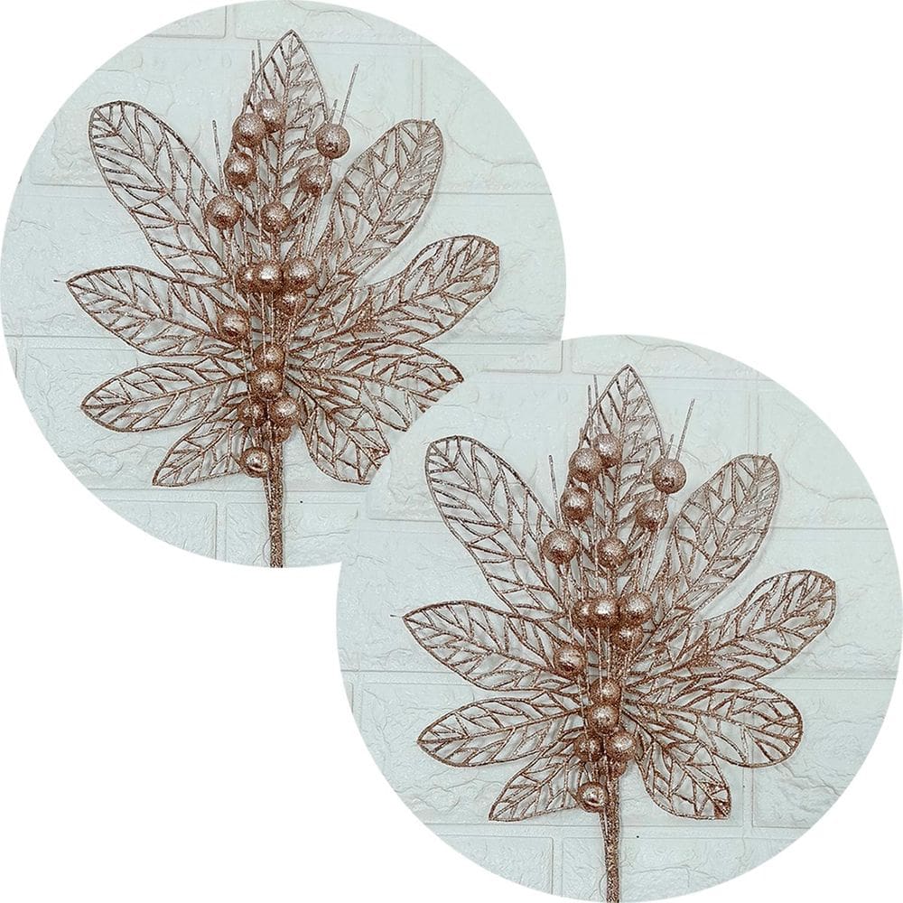 Flores Enfeite Árvore Natal Gliter Rose Gold Kit 10pçs 45cm