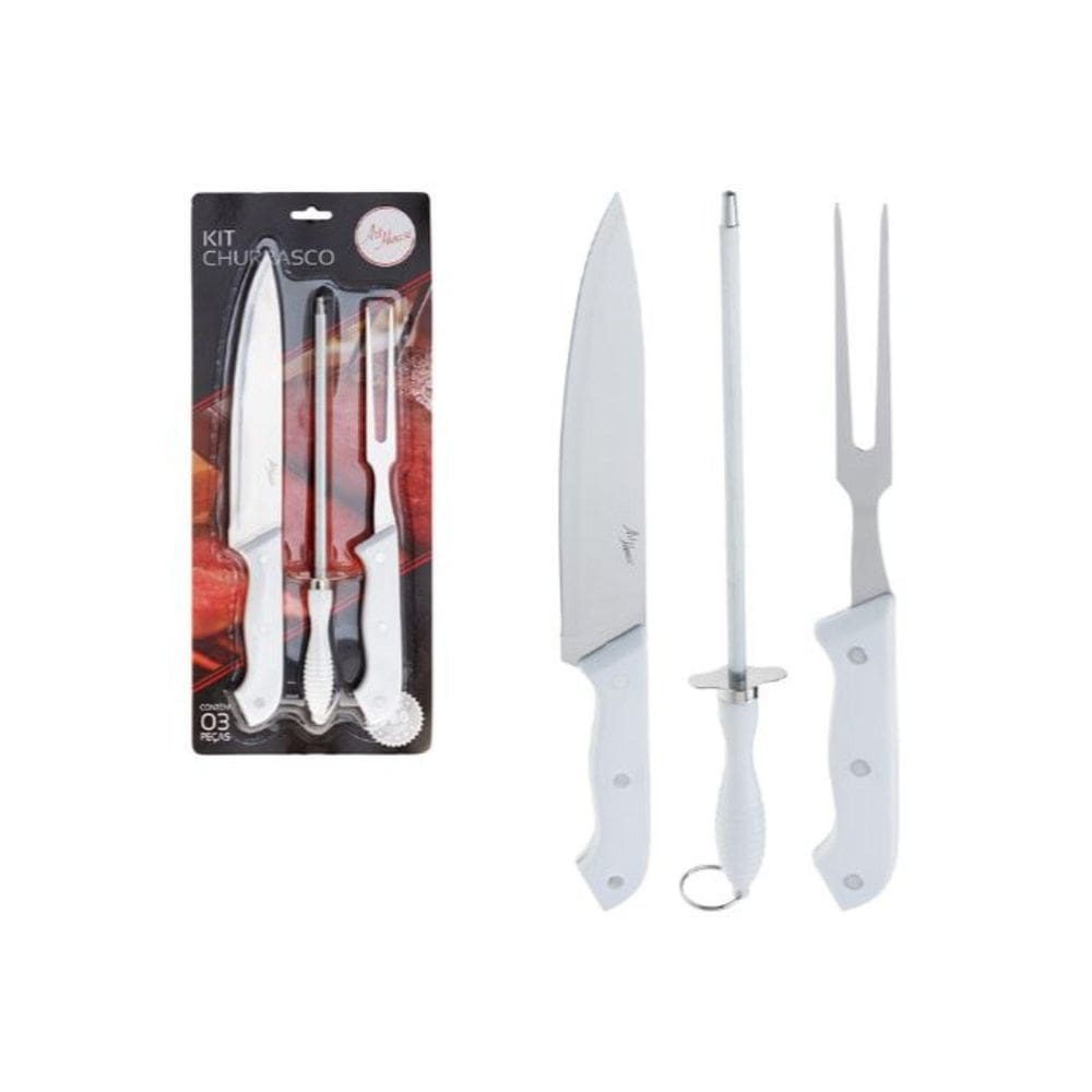 Kit Churrasco Amolador Faca Garfo Eventos Festas 3 Peças