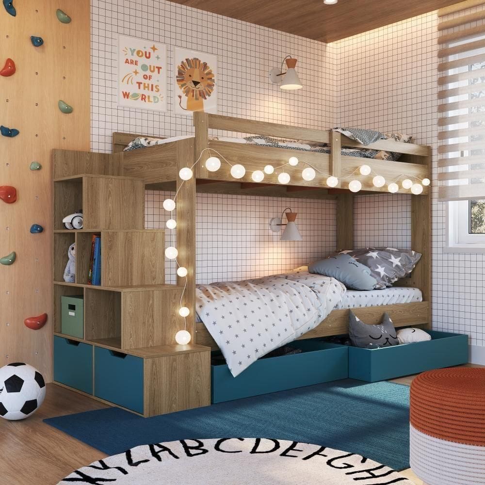 Cama Beliche Infantil Bicama 2,32m Escada Nichos Gavetas Aveiro Oak com Azul