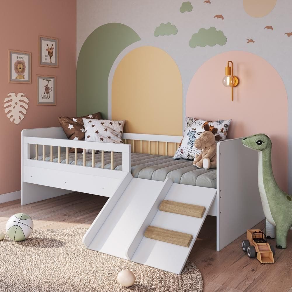 Cama Infantil Montessoriana Solteiro Escada Escorregador Proteção Branca