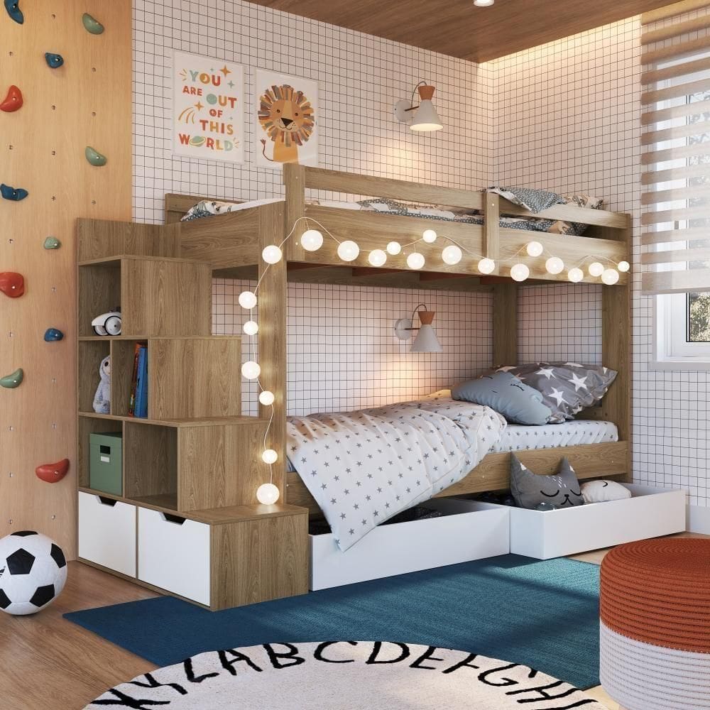 Cama Beliche Infantil Bicama 2,32m Escada Nichos Gavetas Aveiro Oak com Branco