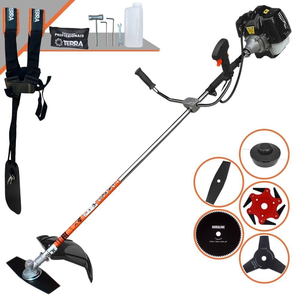 Roçadeira Completa Terra GRH-520 À Gasolina 2T 52cc 2,5HP Com Carretel de Nylon + Lâmina Facão + Lâmina 3 Pontas + Lâmina 6 Pontas + Lâmina 80 Dentes
