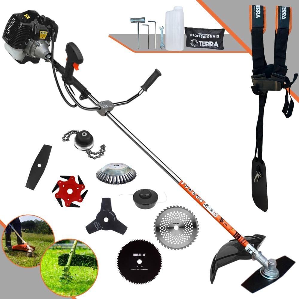Roçadeira  Completa Terra GRH520 À Gasolina Motor 2T 52cc 2,5HP de Potência Alta Rotação Com Carretel de Nylon + Kit 7 Opções de Cortes