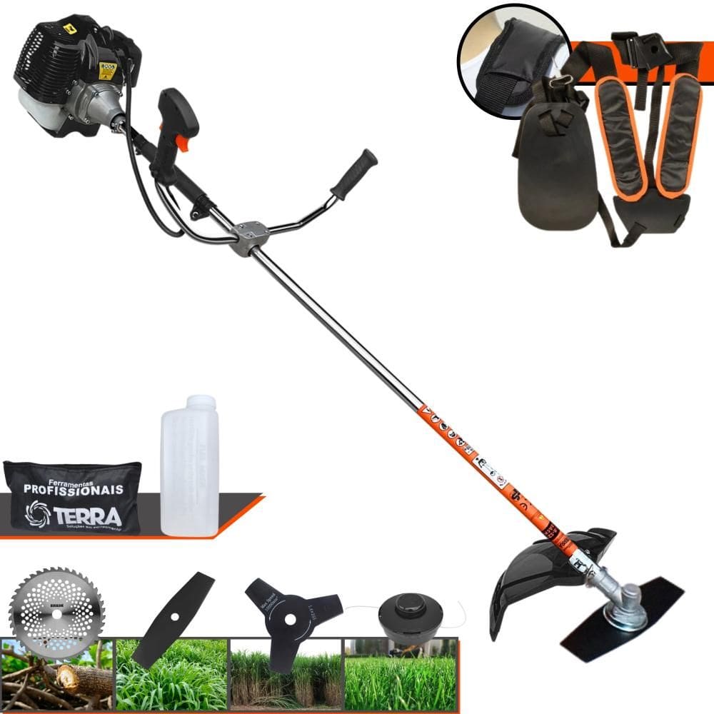 Aparador de Grama Terra GRH-520 À Gasolina 52cc 2,5HP 6.500rpm Com Carretel de Nylon + Lâmina Facão + Lâmina 3 Pontas + Lâmina 40 Dentes de Vídea