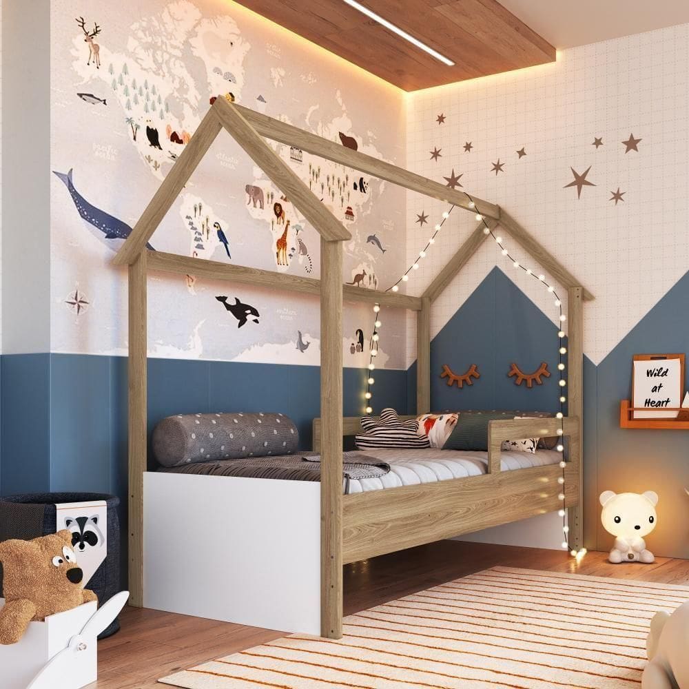 Cama Infantil Montessoriana Casinha Solteiro Proteção Lateral Aveiro Oak com Branco