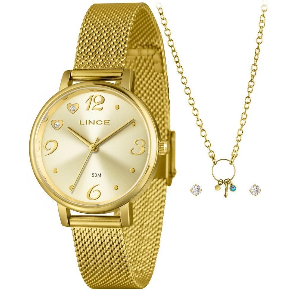 Kit Relógio Feminino Lince Dourado LRGM043L34 K0ERC2KX