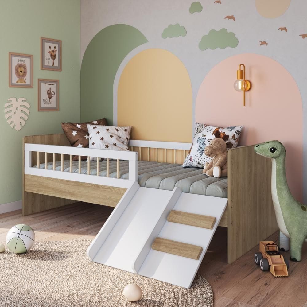 Cama Infantil Montessoriana Solteiro com Colchão Escada Escorregador Aveiro Oak