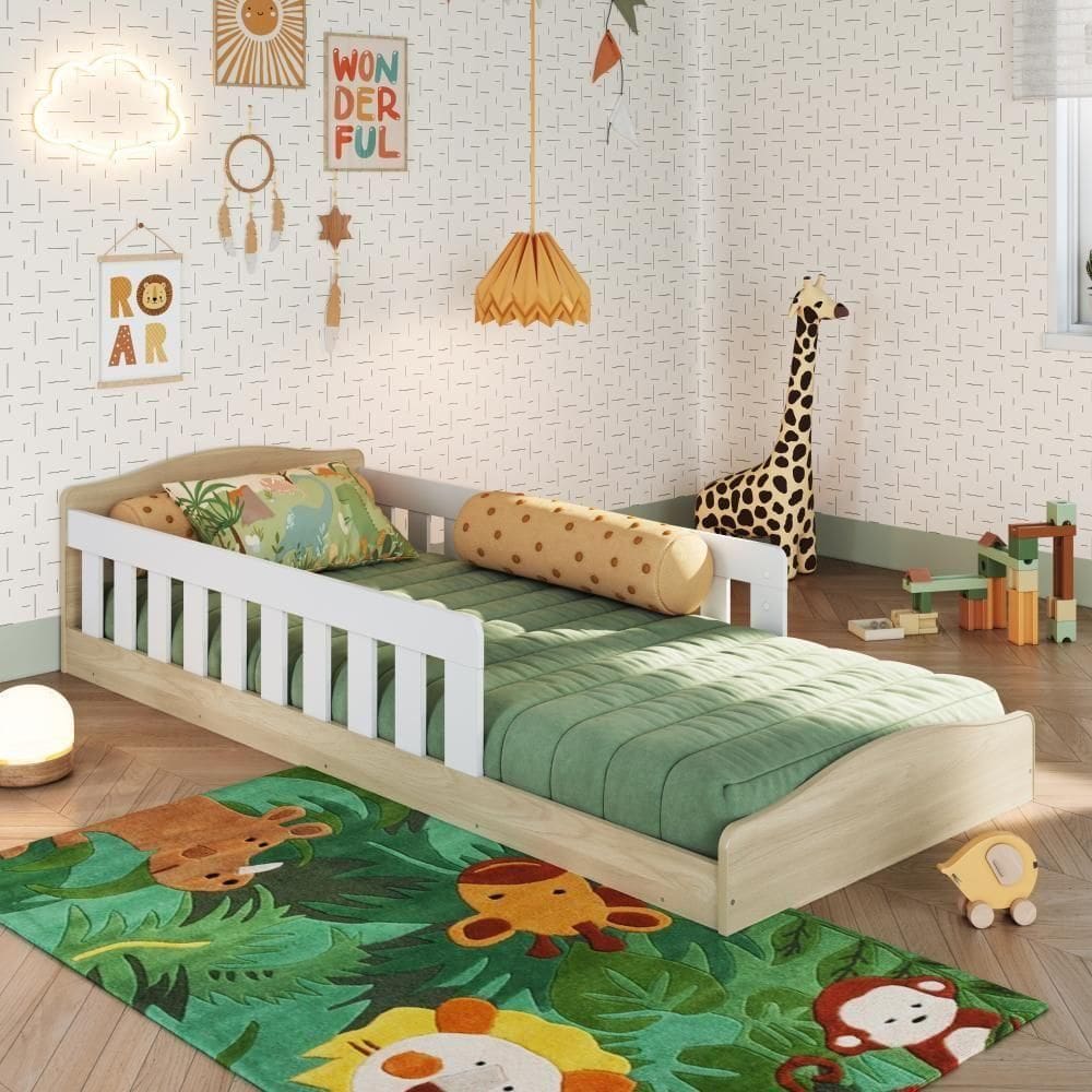 Cama Infantil de Chão Montessoriana Solteiro Colchão Proteção Carvalho Araguaia