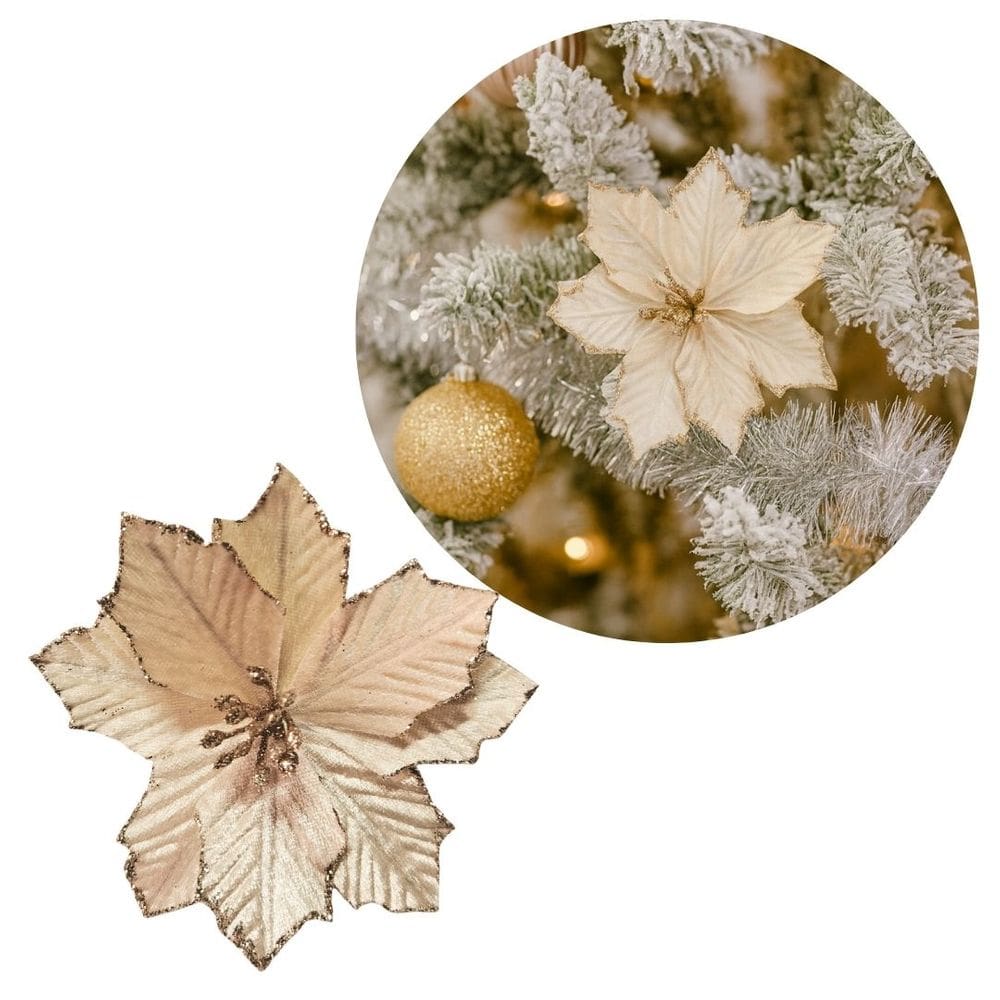 Flor Bico de Papagaio Pick Natalino Veludo Champanhe Glitter 13cm