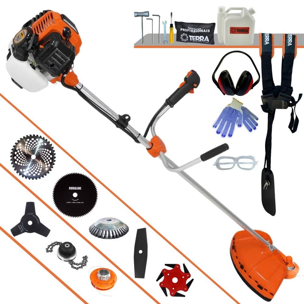 Cortador de Grama Terra GR520XP 52cc 2,5HP Com Carretel Nylon + Facas 2 Pontas, 3 Pontas, 6 Pontas, 40 Dentes Vídea, 80 Dentes, Trimmer e Escova + EPI