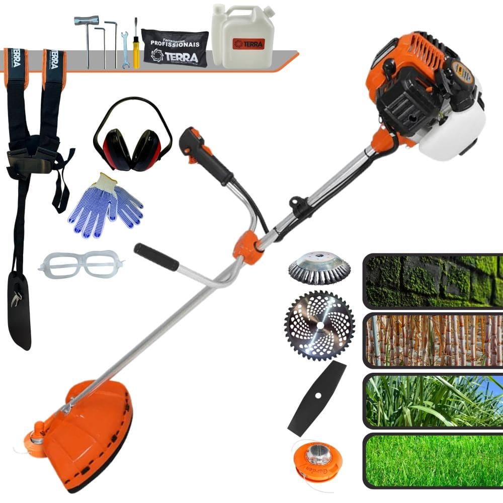 Roçadeira Terra GR520-XP À Gasolina 52cc 2,5HP Completa 4 Em 1 Com Carretel de Nylon + Lâmina 2 Pontas + Lâmina 40 Dentes + Escova 38 Cerdas + EPI