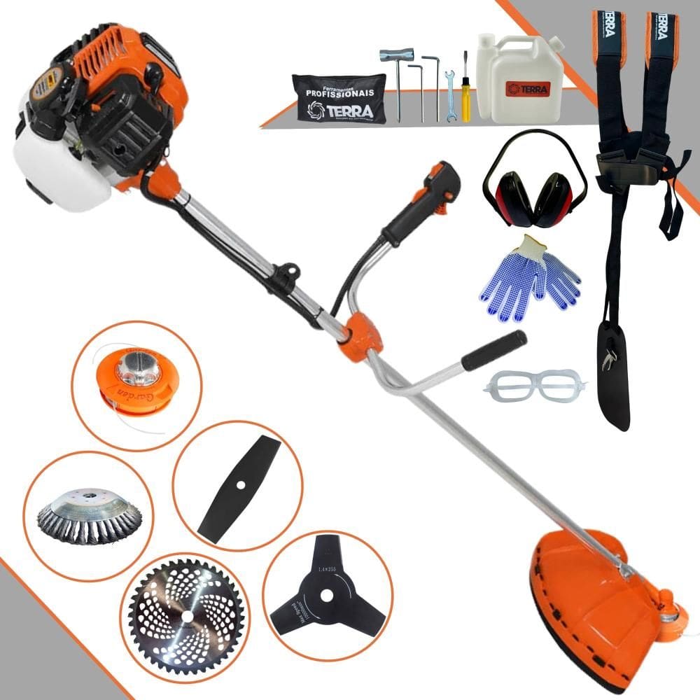 Roçadeira Terra GR520XP À Gasolina 52cc 2,5HP Completa 5 Em 1 Com Carretel Nylon + Lâmina 2 Pontas + Lâmina 3 Pontas + Lâmina 40 Dentes + Escova + EPI